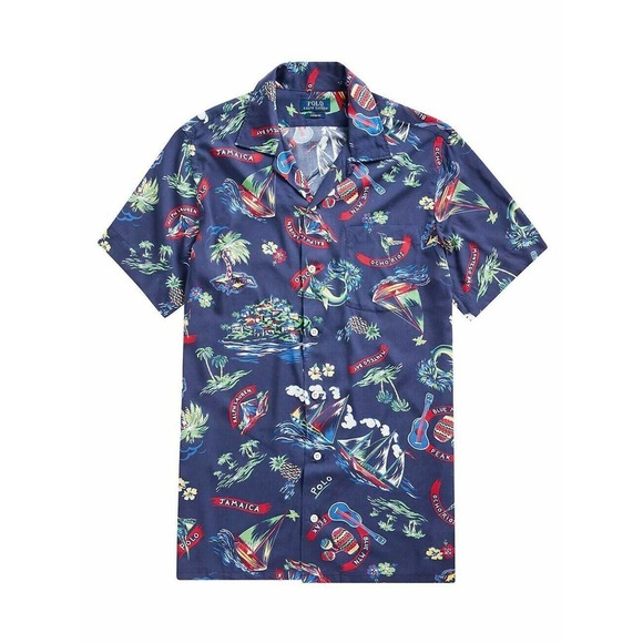 Polo‎ Ralph Lauren Sailboat Camp Shirt Mens Small Blue Multi Custom Fit $148 - Picture 1 of 4
